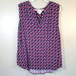 Liz Claiborne Geometric Print Vneck Sleeveless Blouse - Navy and Red. 3X